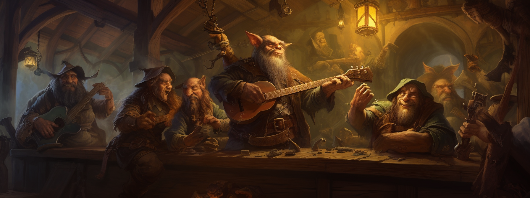 An oil painting of a bard playing a lute in a jovial tavern