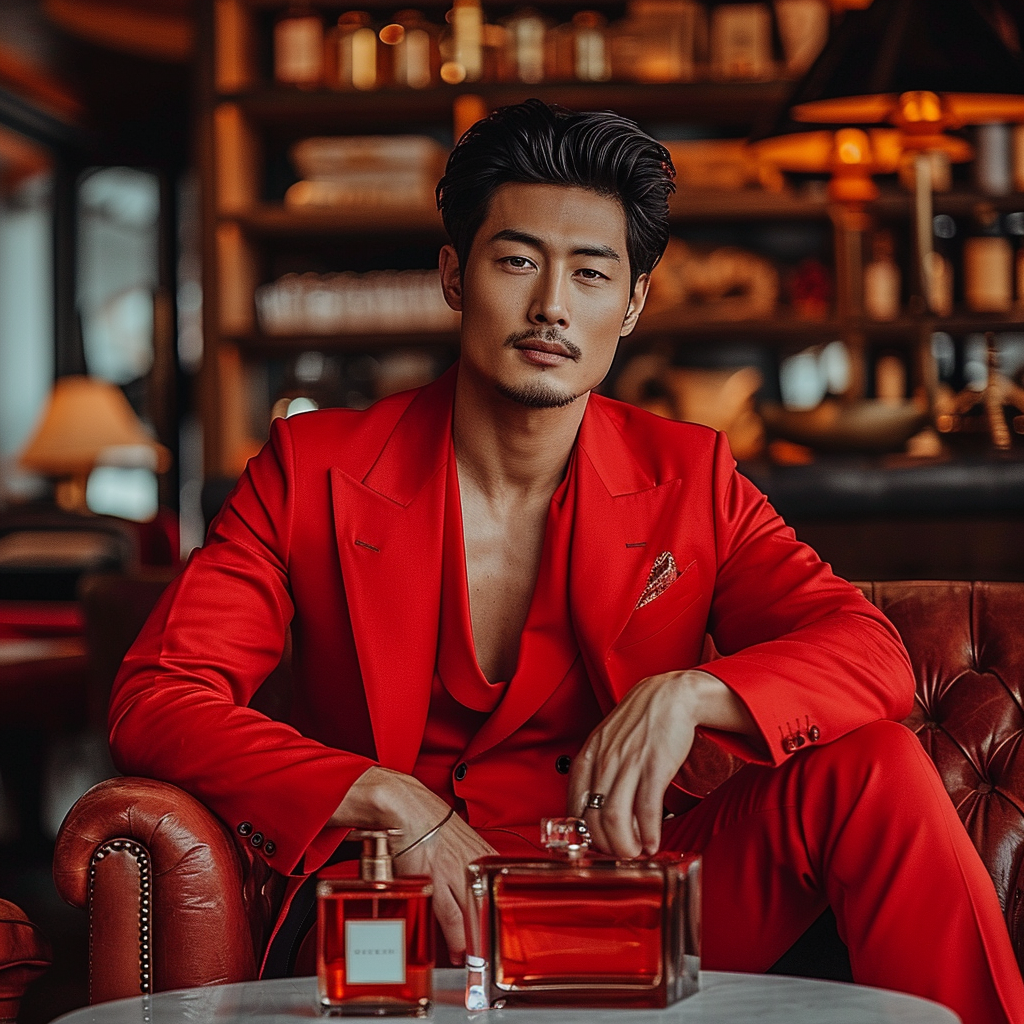 Handsome Asian Man in Red Armchair