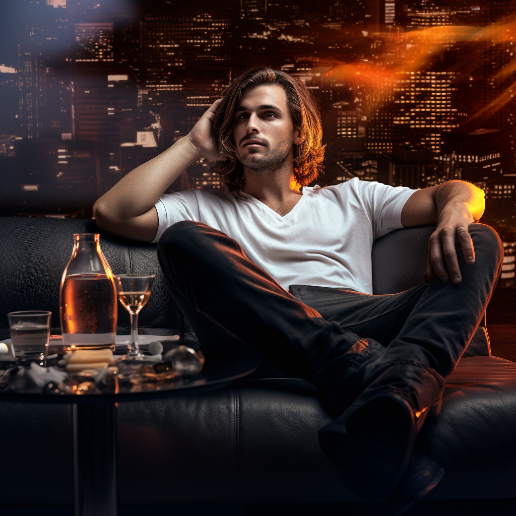 Handsome guy with whiskey glass in futuristic living room