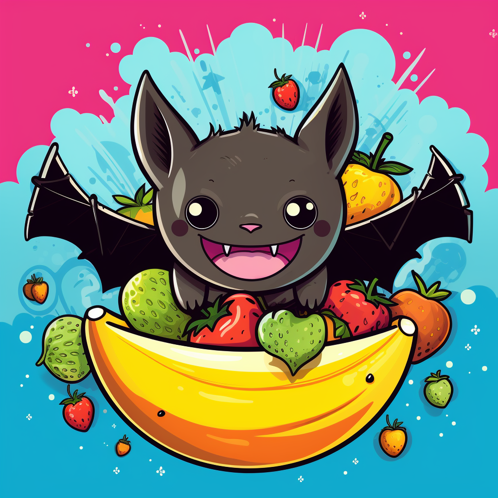 Happy bat surrounded by colorful fruit