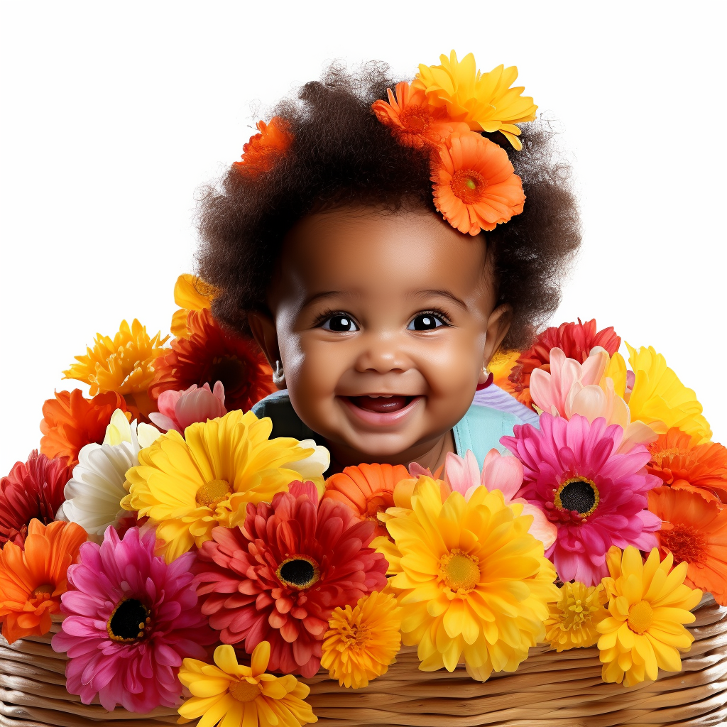 Smiling black baby surrounded by vibrant flowers