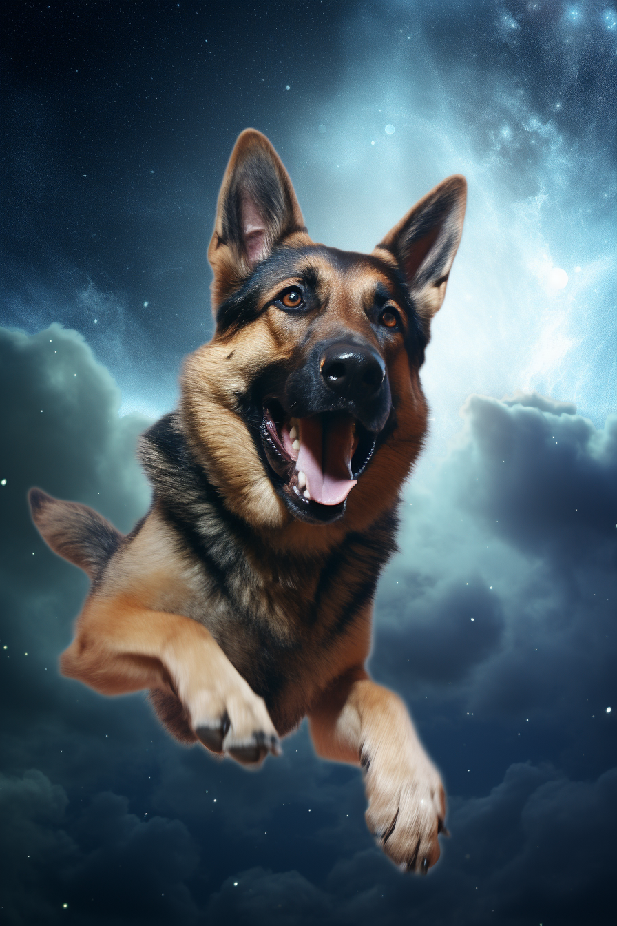 Happy German Shepherd Flying at Night