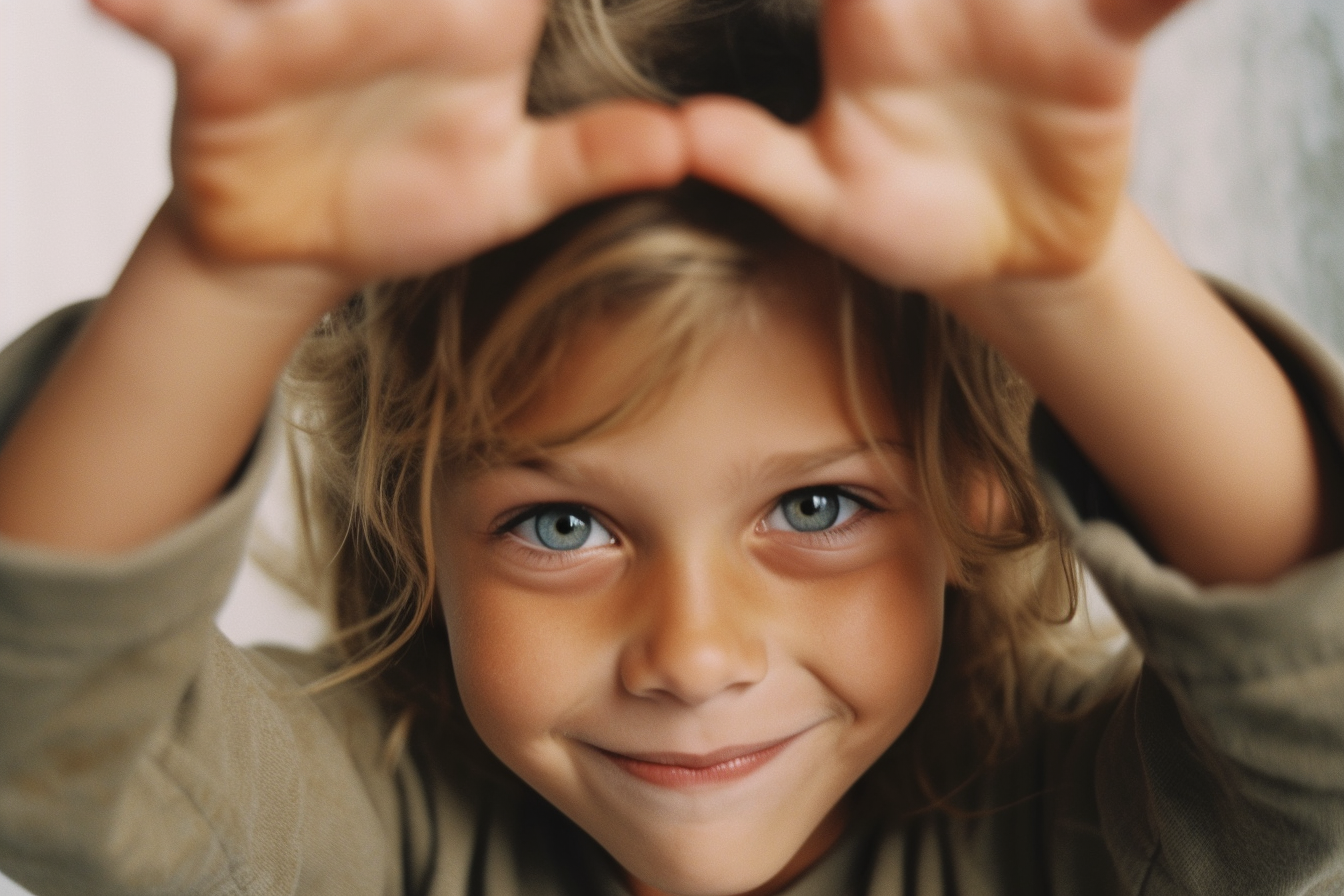 Happy 6-year-old holding hands over head