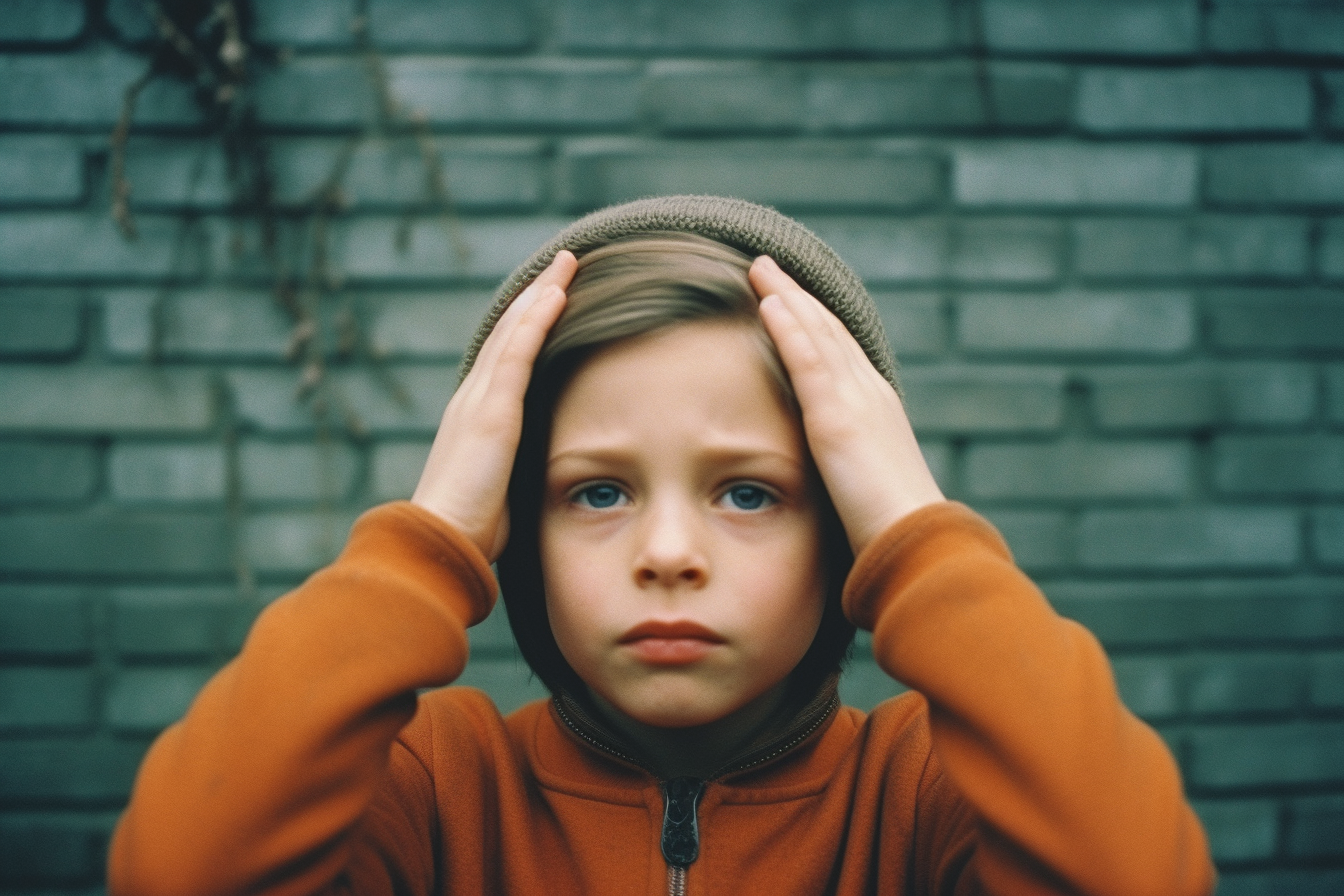 Smiling child with hands raised above head