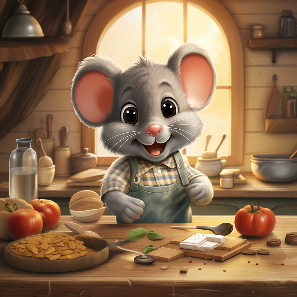 Illustration of a happy little gray mouse on a kitchen table