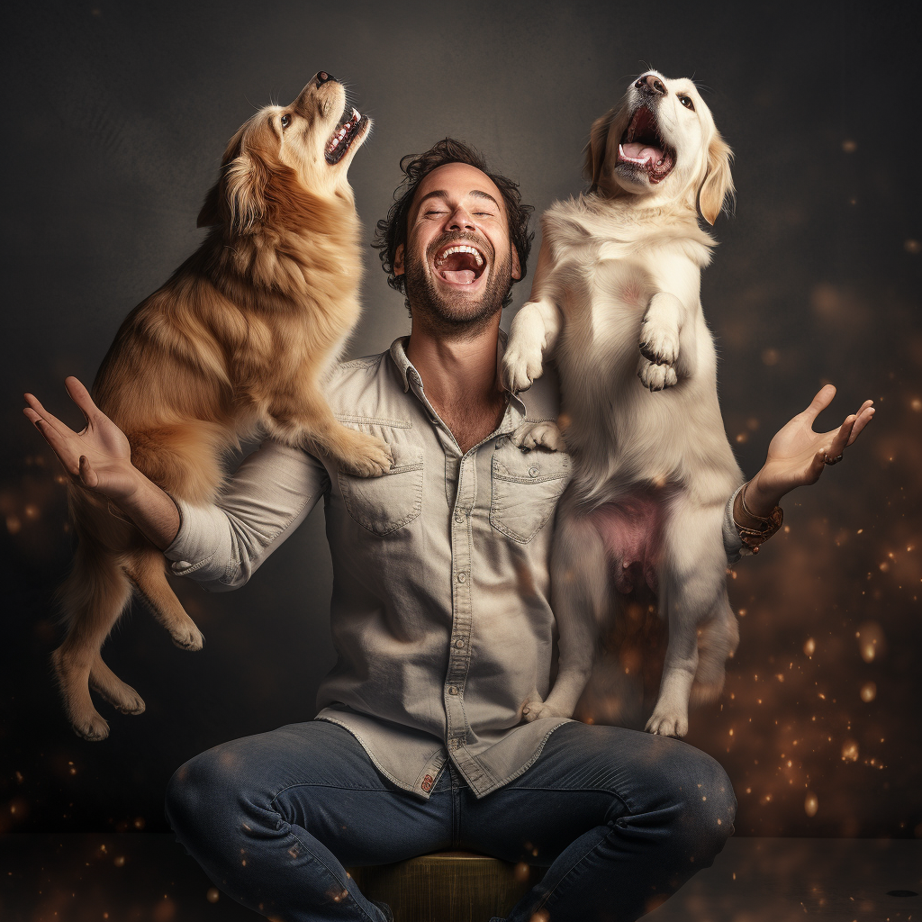 Man happily hugging cat and dog