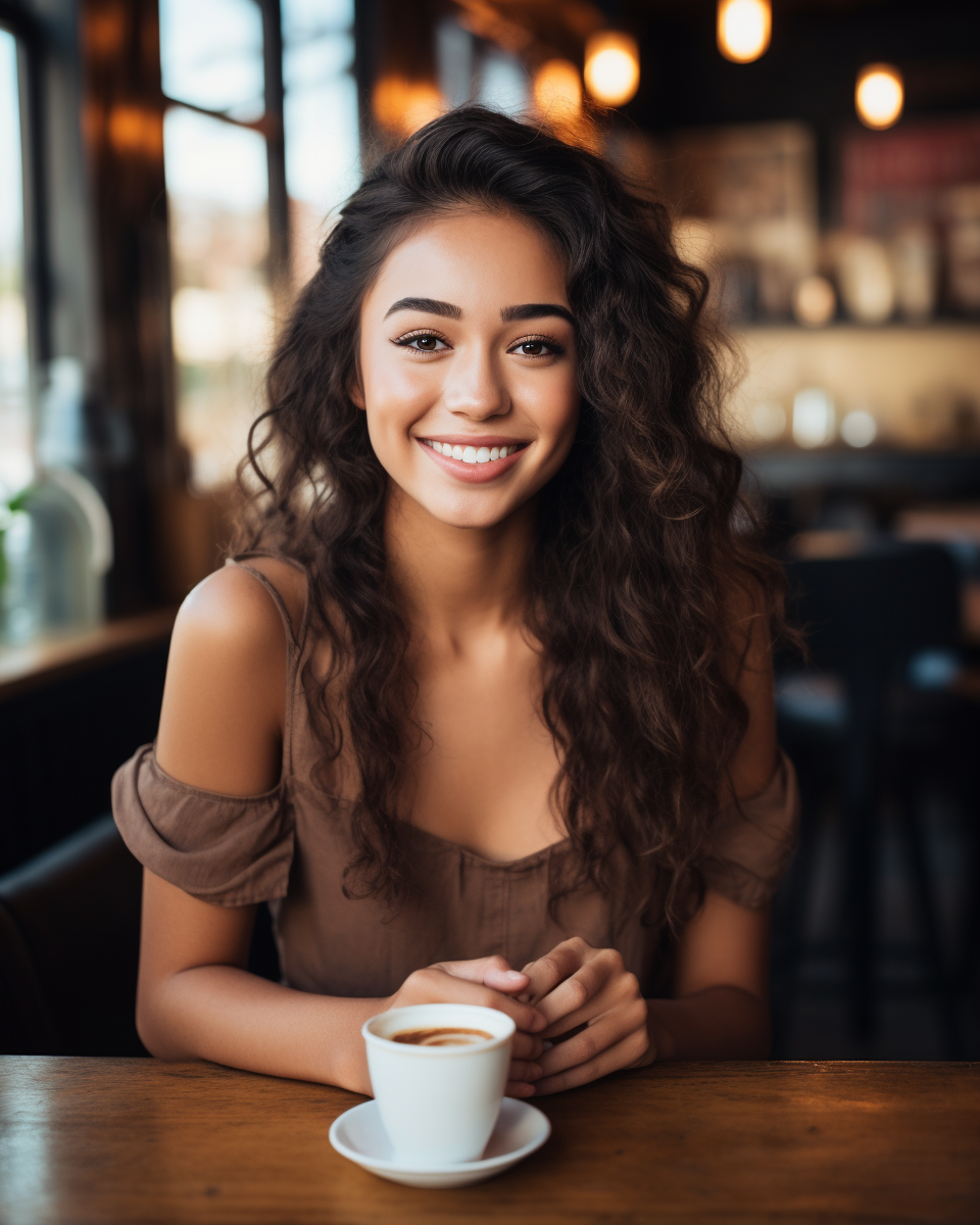 Smiling mixed race girl in coffee shop