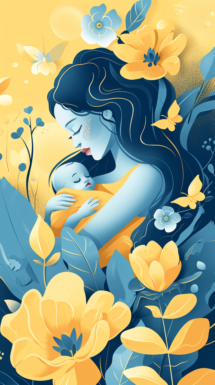 Mother's Day poster with baby, yellow and blue colors