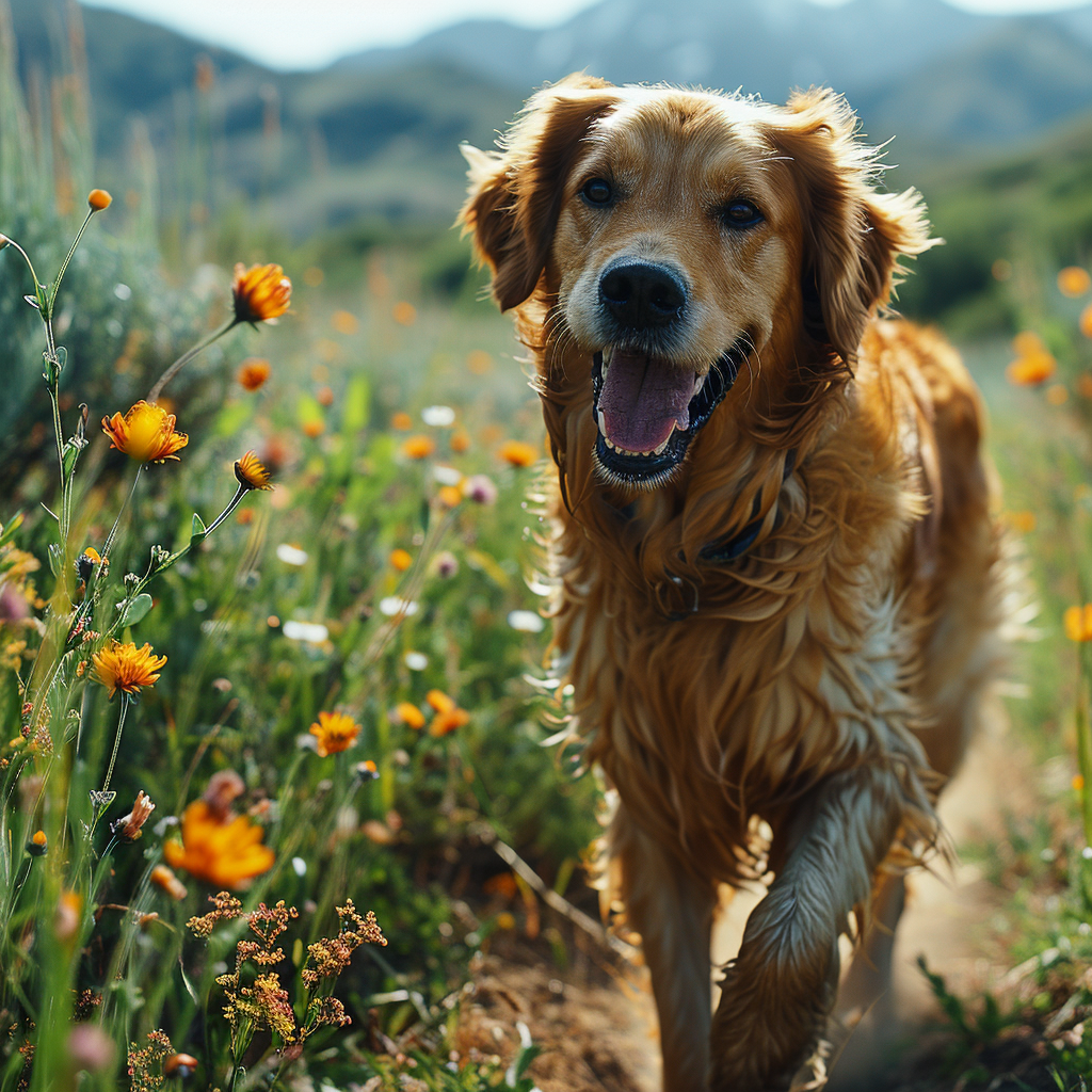 Happy obese retriever dog running in mountain field