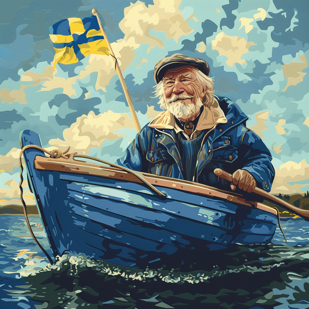 Elderly man in blue boat Swedish flag