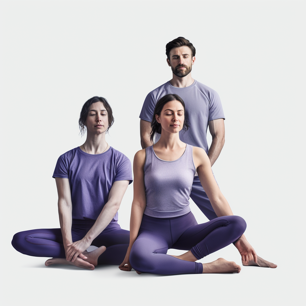 happy people doing yoga in blue purple clothes