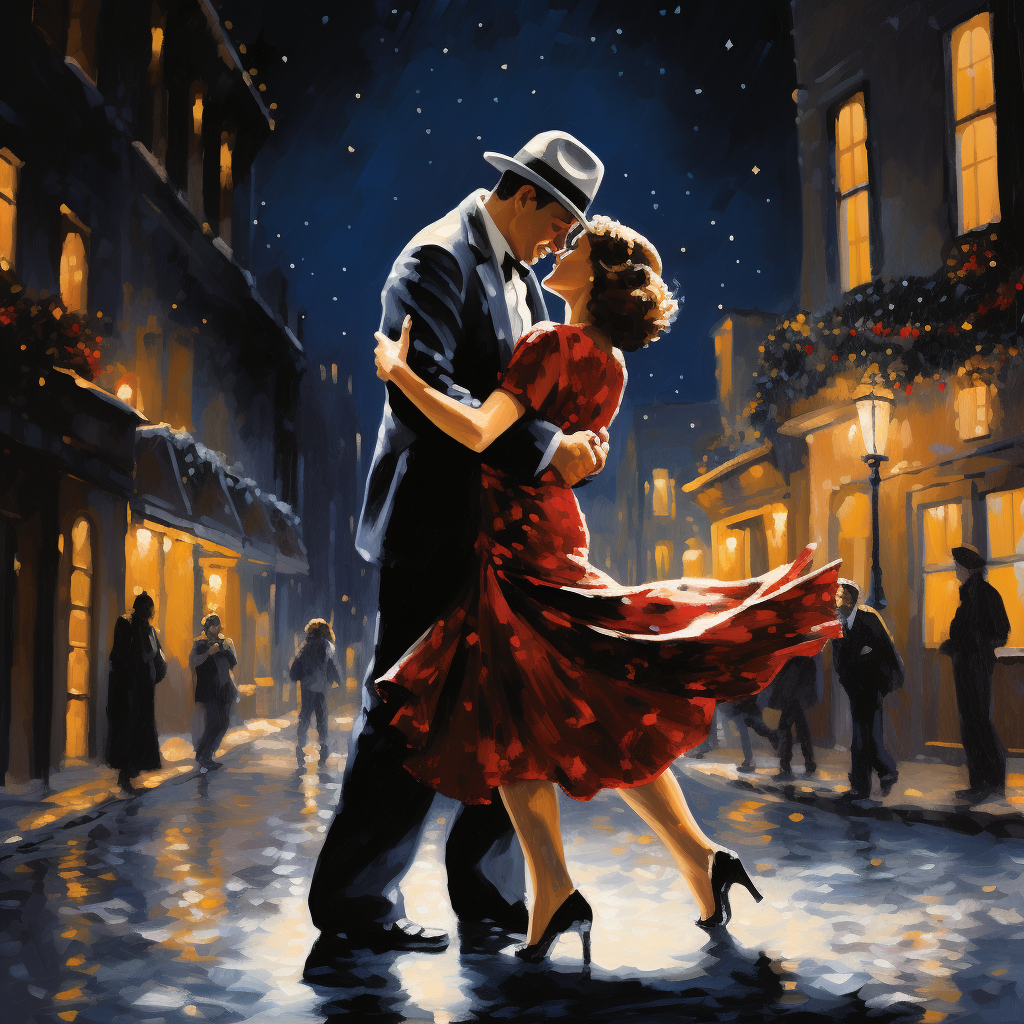 Joyful couple dancing tango during Christmas