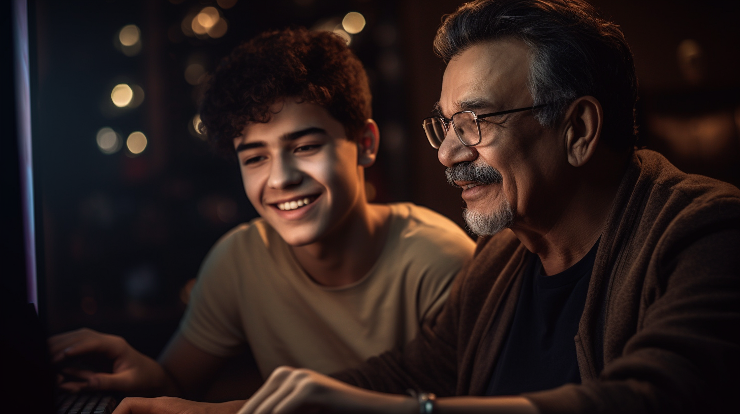 Teenager and Dad Playing Computer Happily