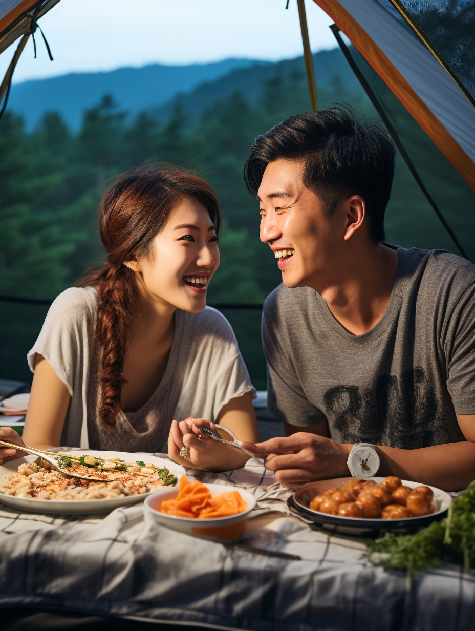 Chinese couple camping and barbecue