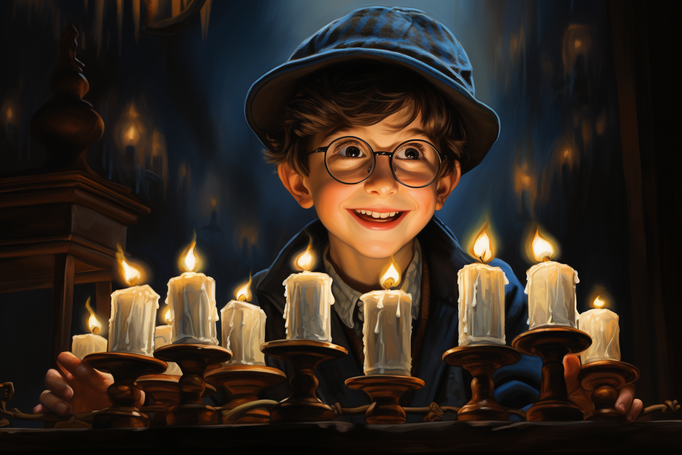 happy Jewish boy looking at menorah candles