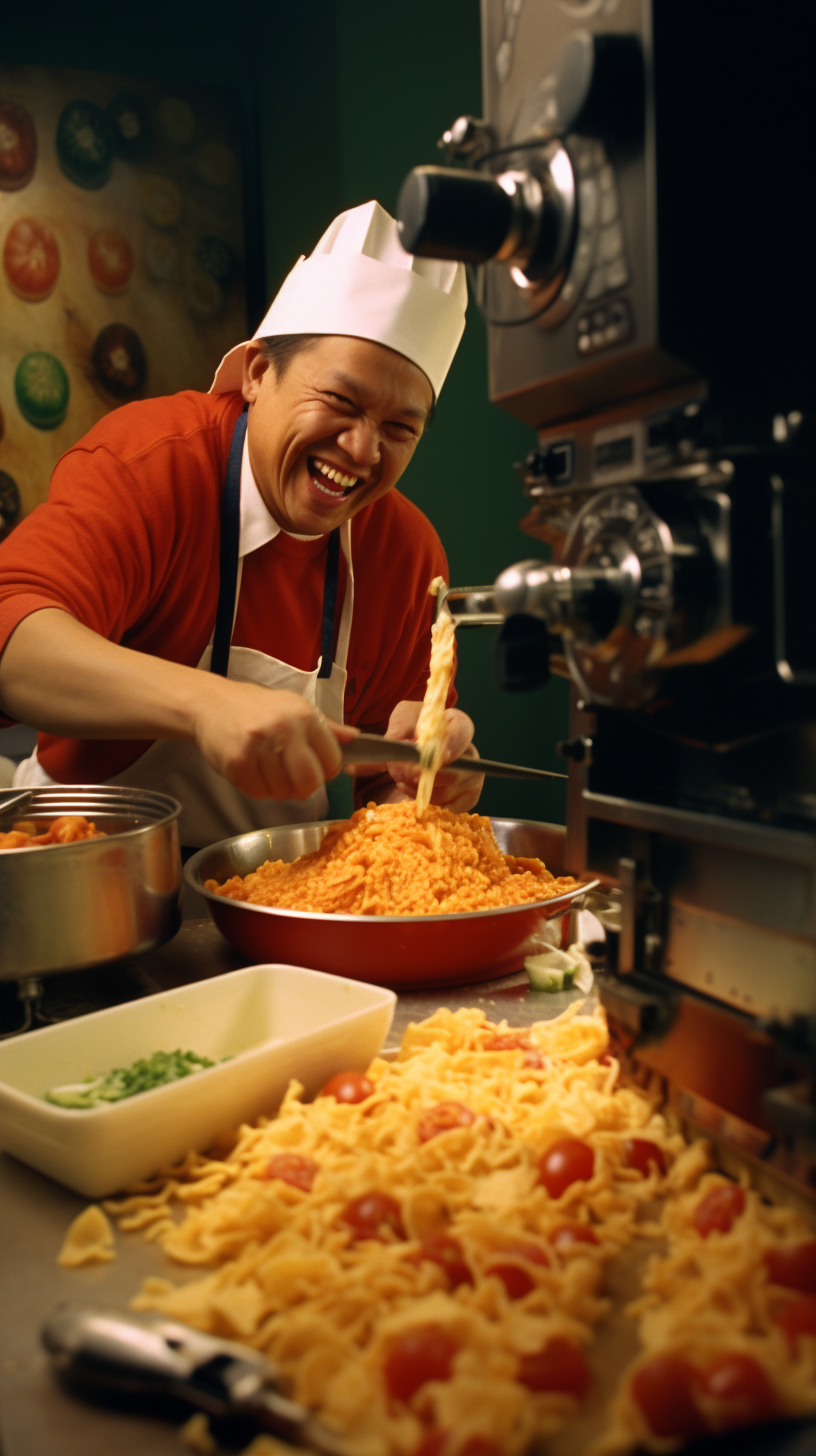 Happy Mexican football cooking pasta at a movie set