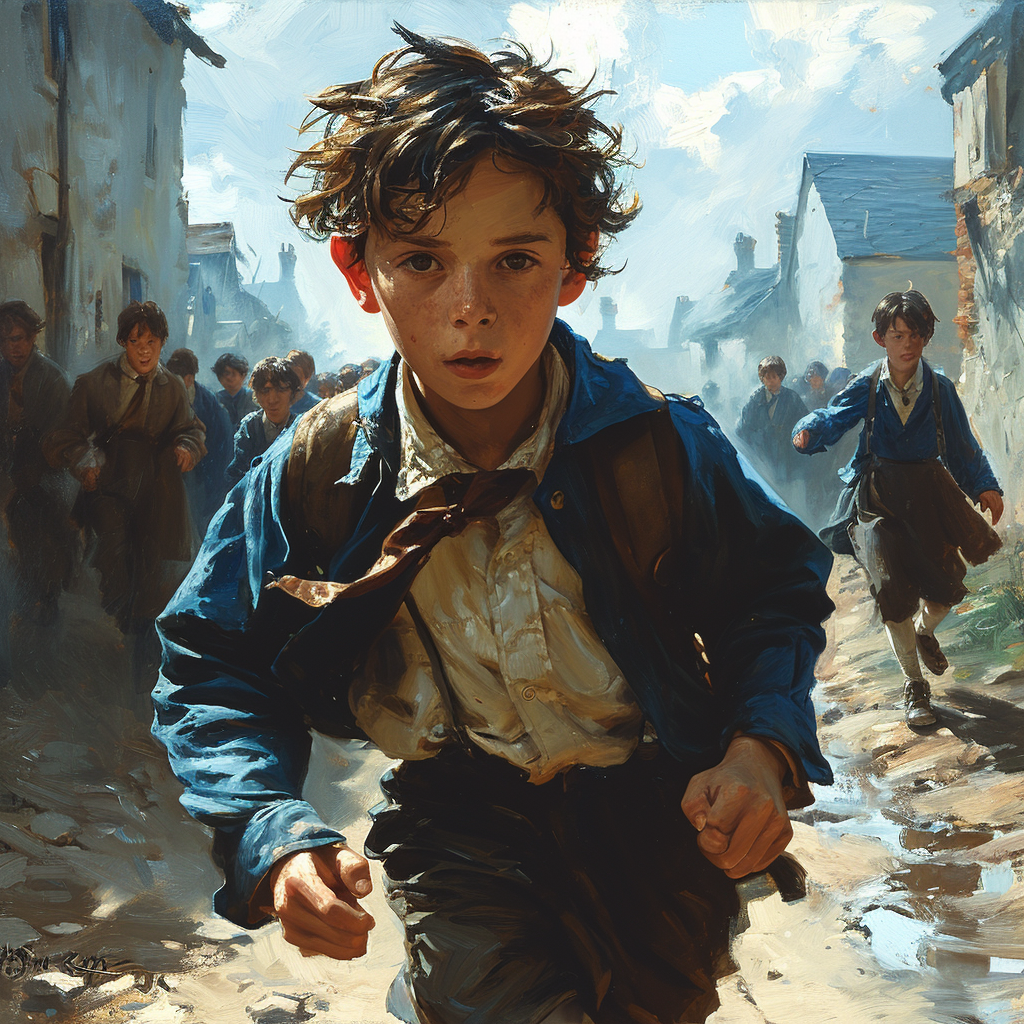 Cheerful schoolboy running in front of school