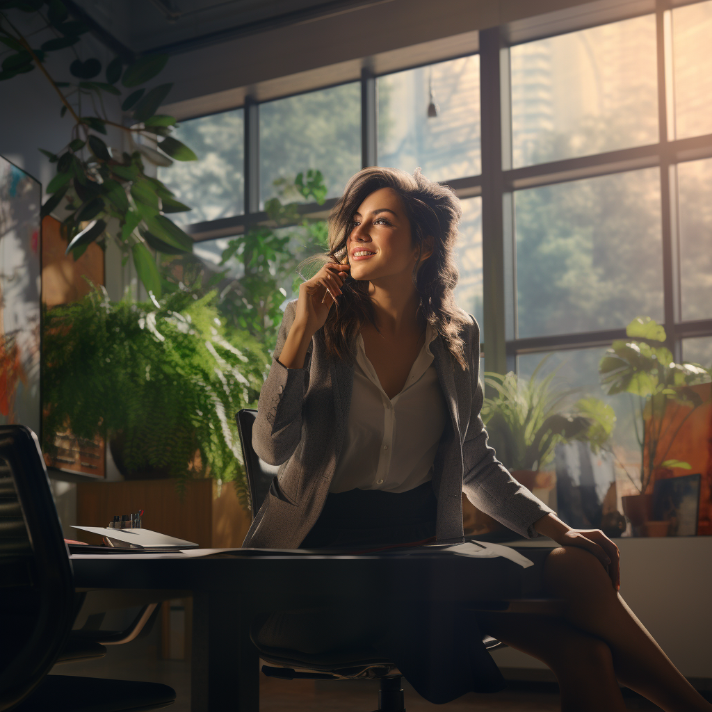 Smiling woman in a vibrant meeting room