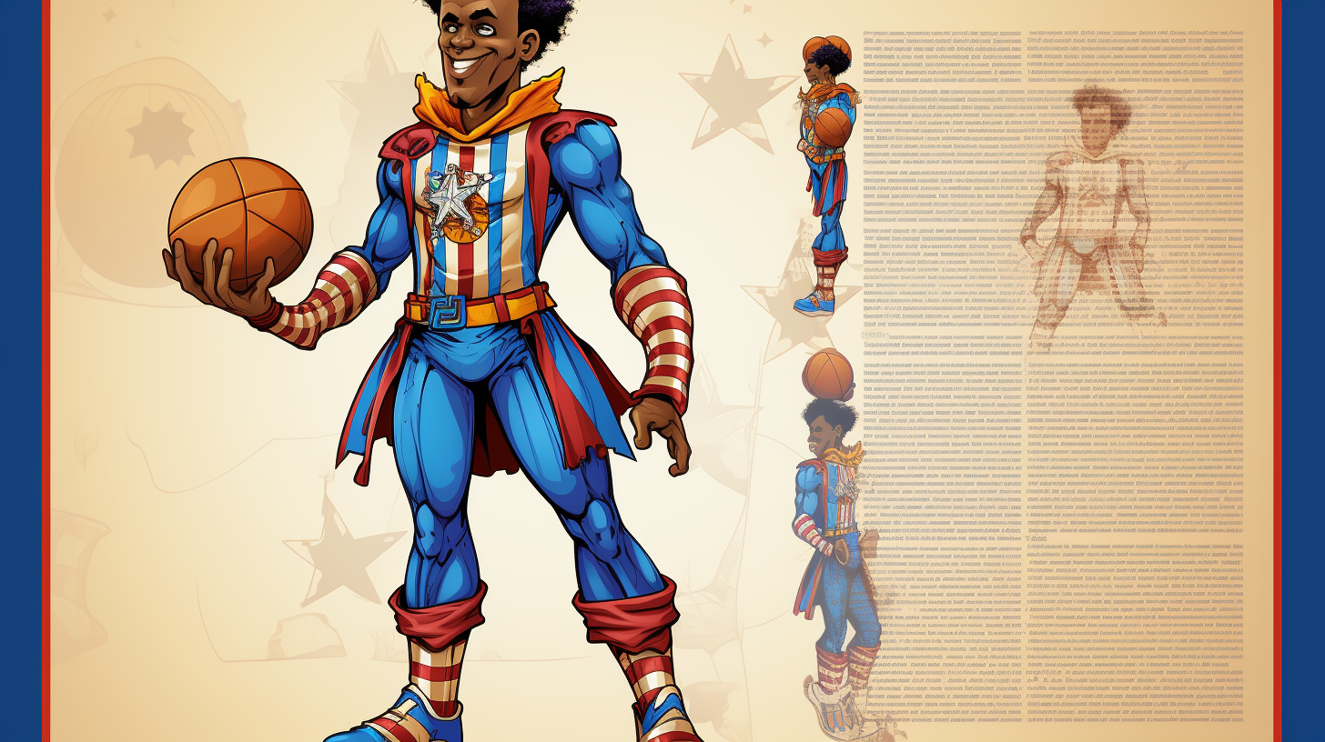 Harlem Globetrotter character sheet with poses and comics