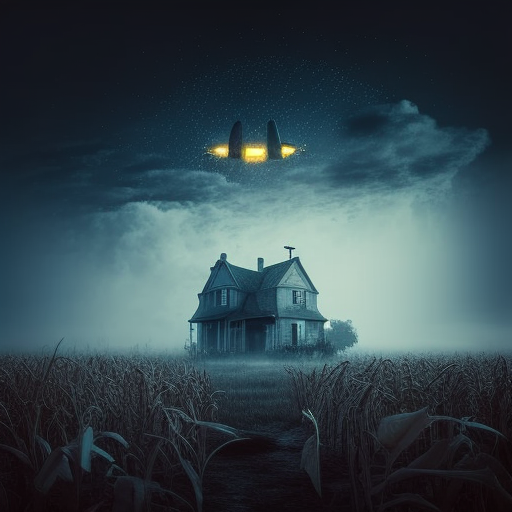 Mysterious haunted farmhouse in the cornfield at night