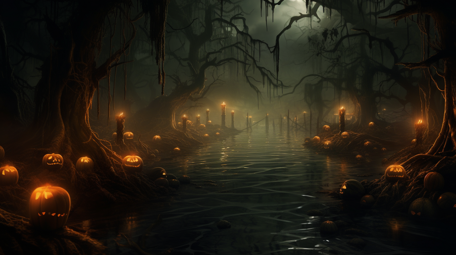 Ghostly Halloween landscape with spooky objects