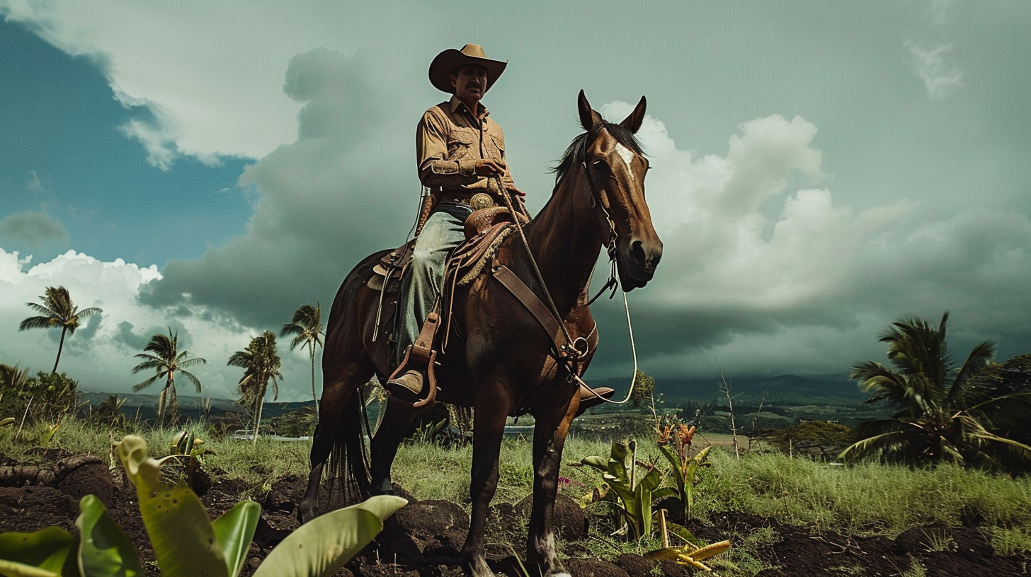 Hawaiian cowboy riding horse