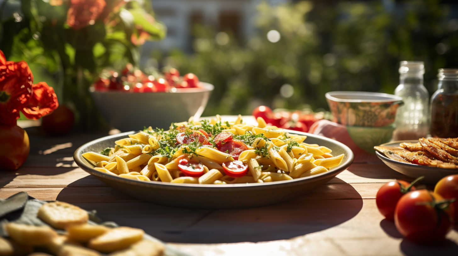 Healthy penne in outdoor kitchen