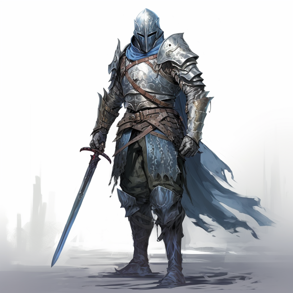 Inquisitional warrior in blue armor wielding a longsword