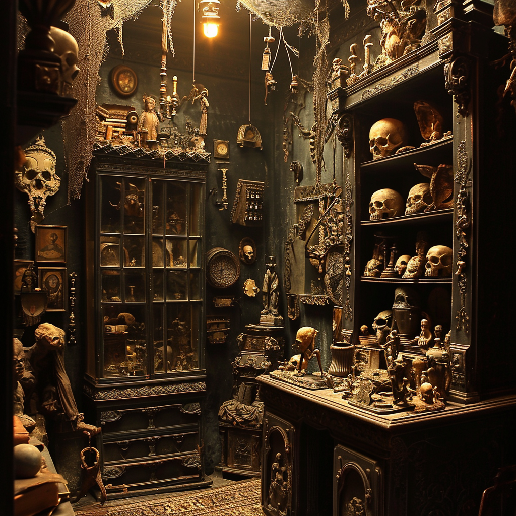 Cabinet of Curiosities with Dark and Smoky Lighting