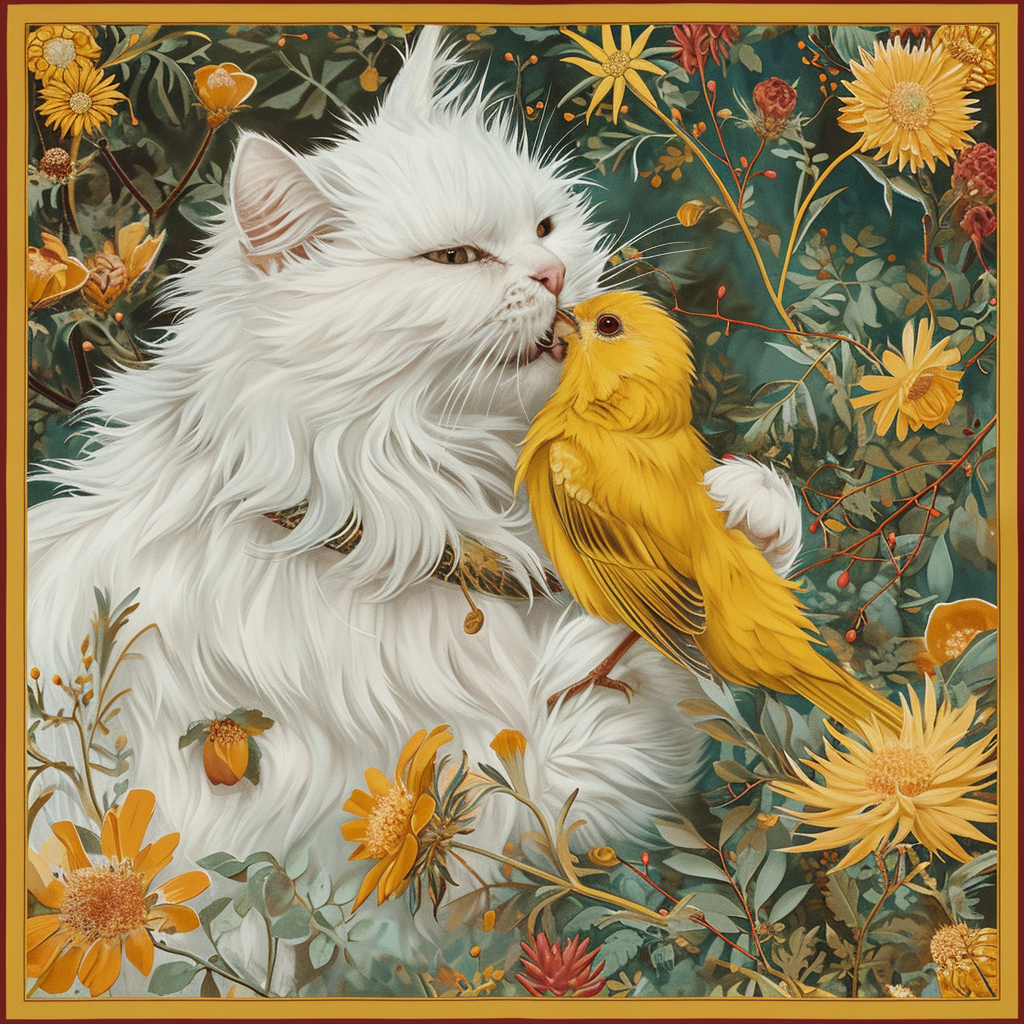 Fluffy cat eating yellow canary