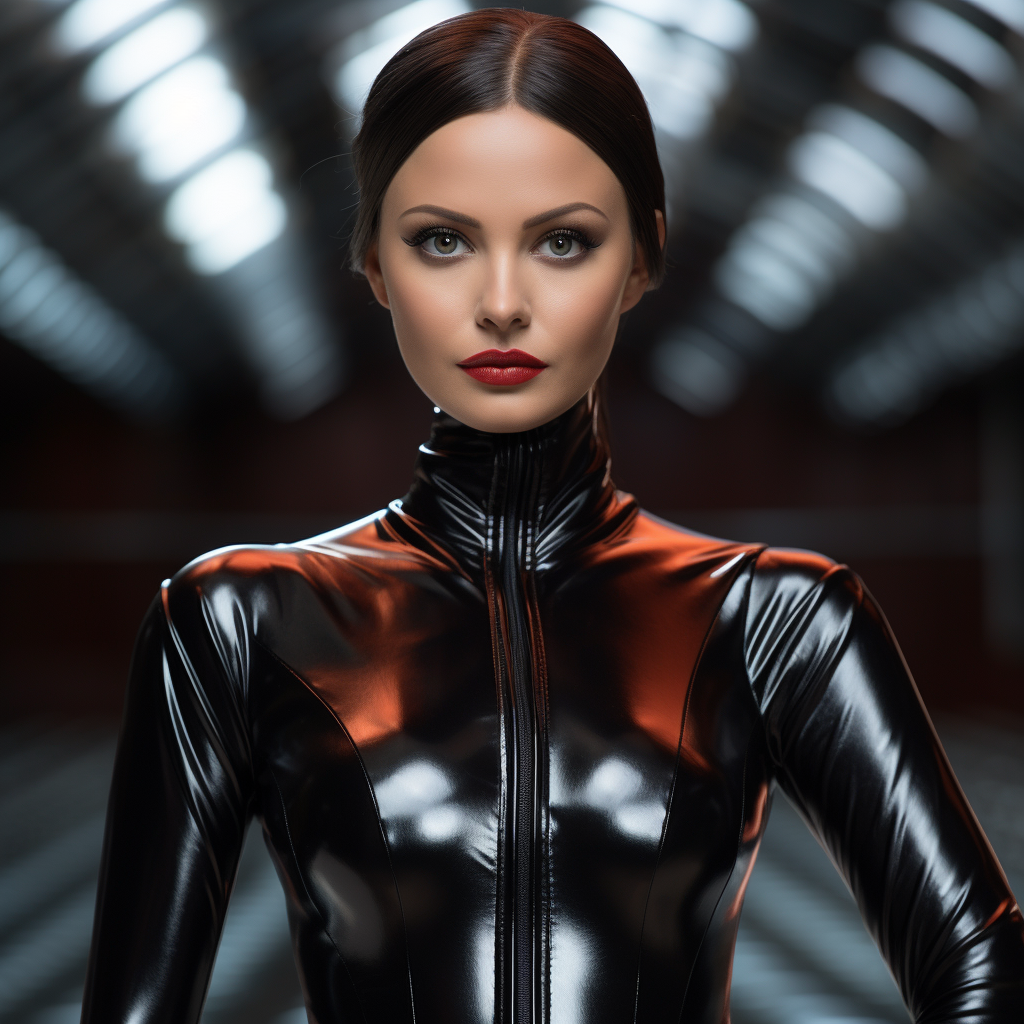 Powerful heroine in latex catsuit