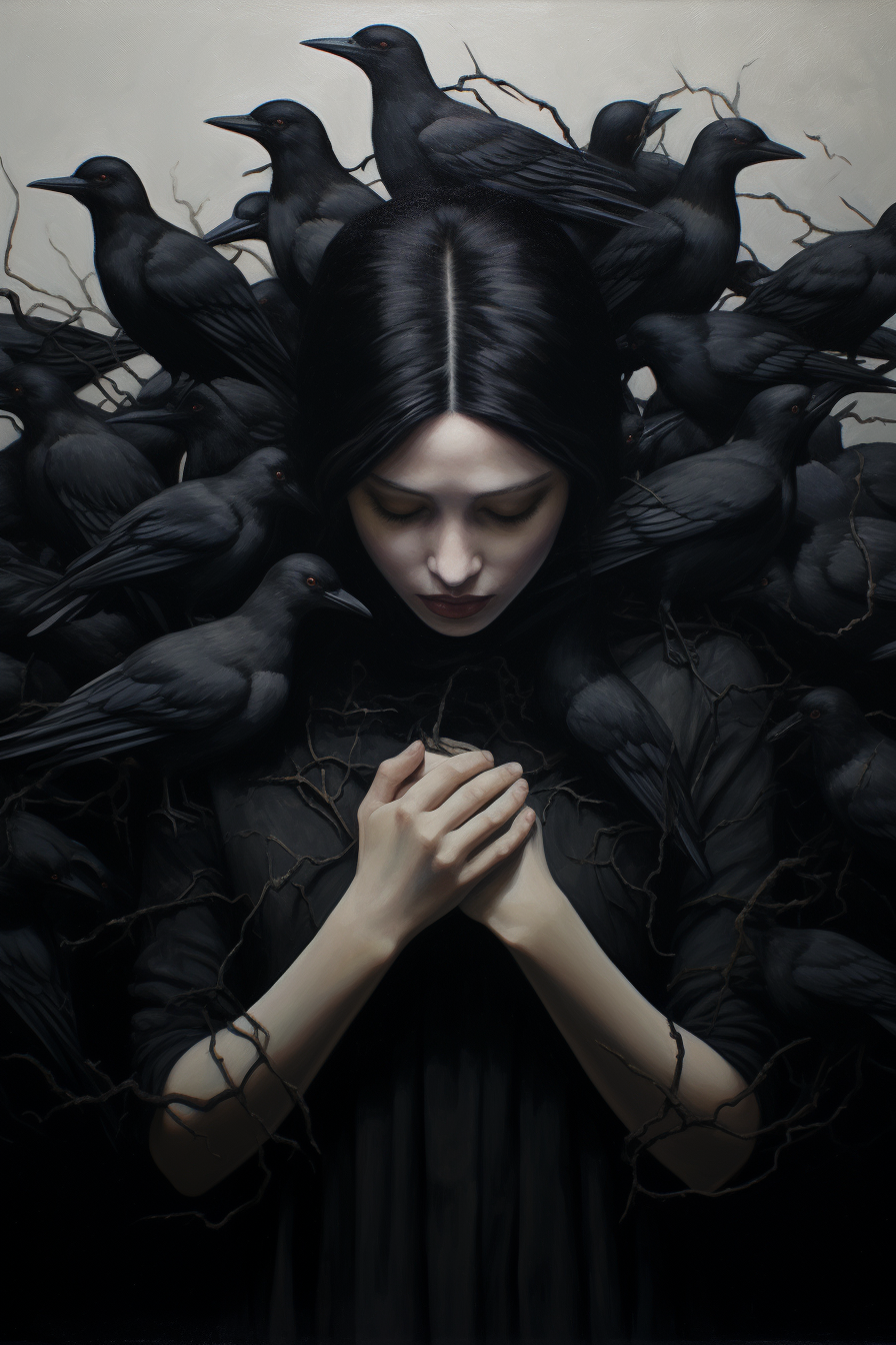 Enigmatic woman with hands and black bird