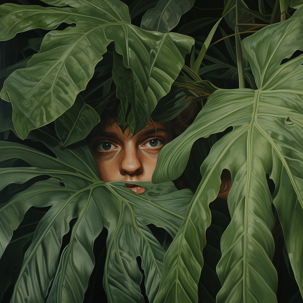 Two Adults Hiding Palm Tree