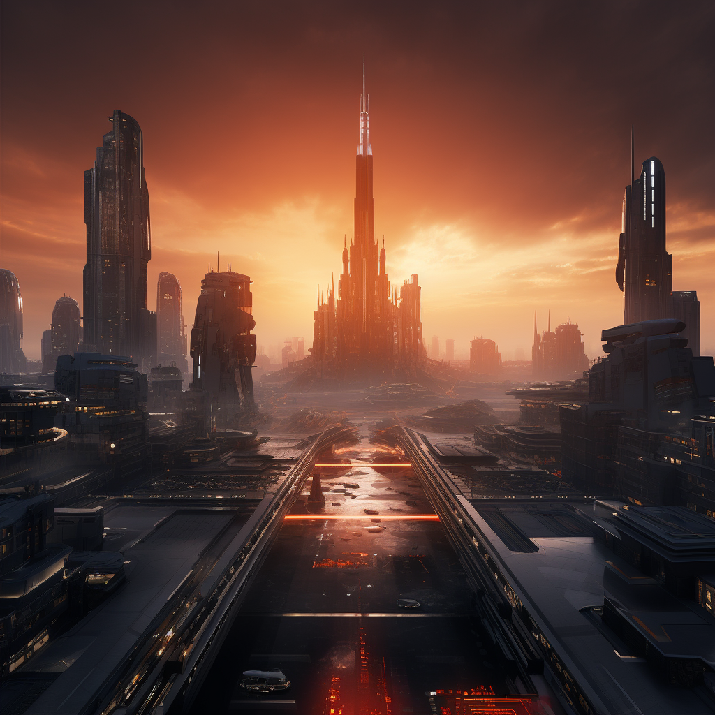 Futuristic sunset view of Highrise Star Wars Coruscant Metropolis Dock