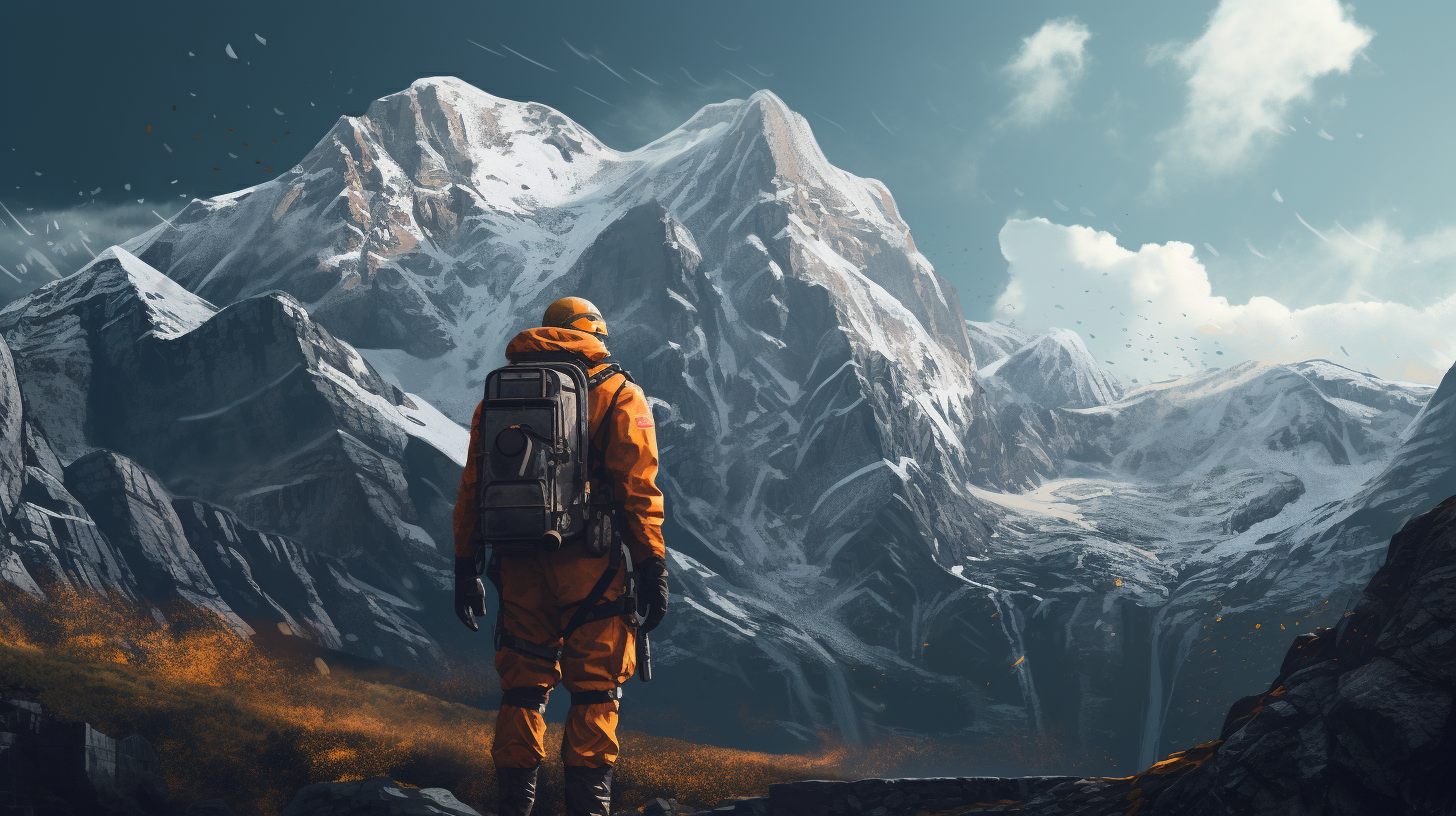 Hiker in Mining Protective Suit Gazing at Majestic Mountain