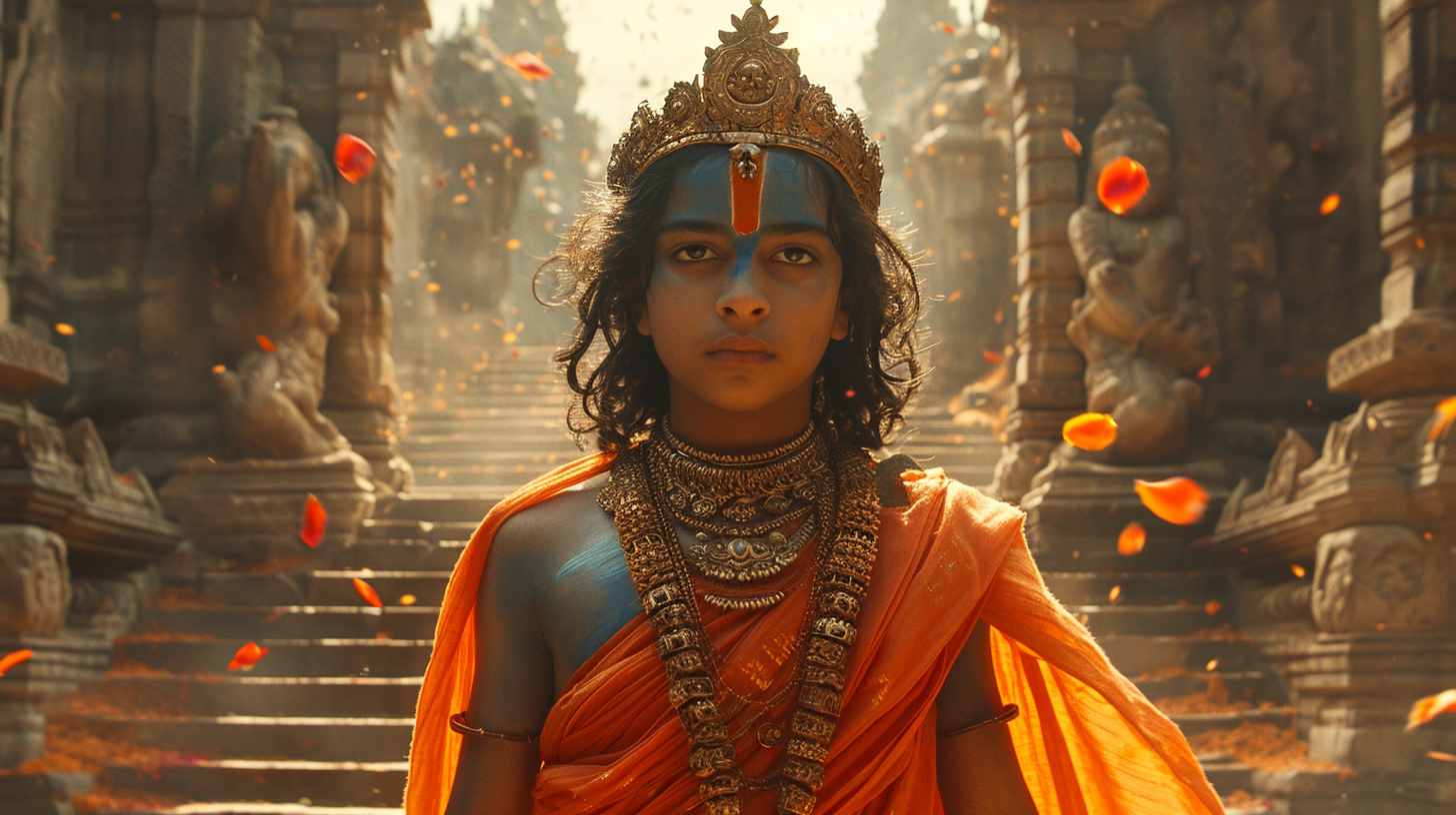 Hindu Prince Rama Boy Holding Bow on Stairs