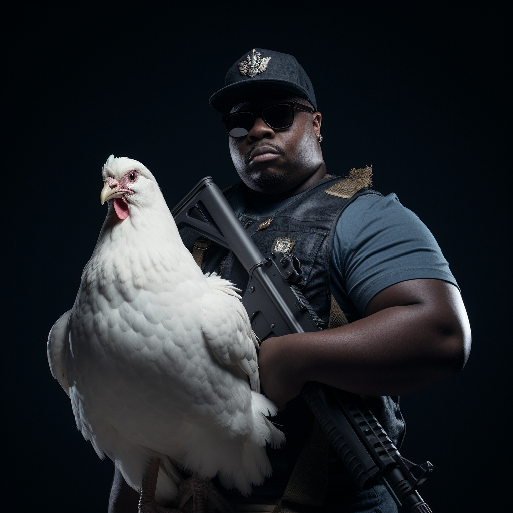 Bodyguard protecting white chicken in hip hop artist's arms