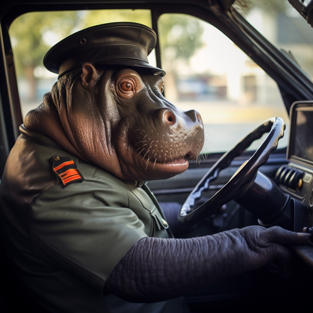 Happy hippo riding in taxi