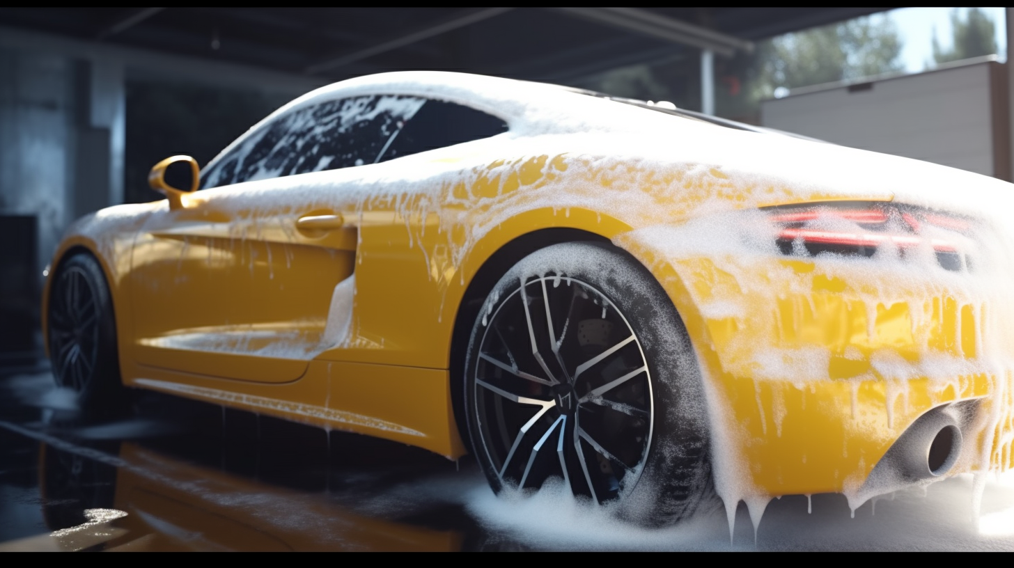 Hispanic car wash attendants detailing sports car with soapy foam