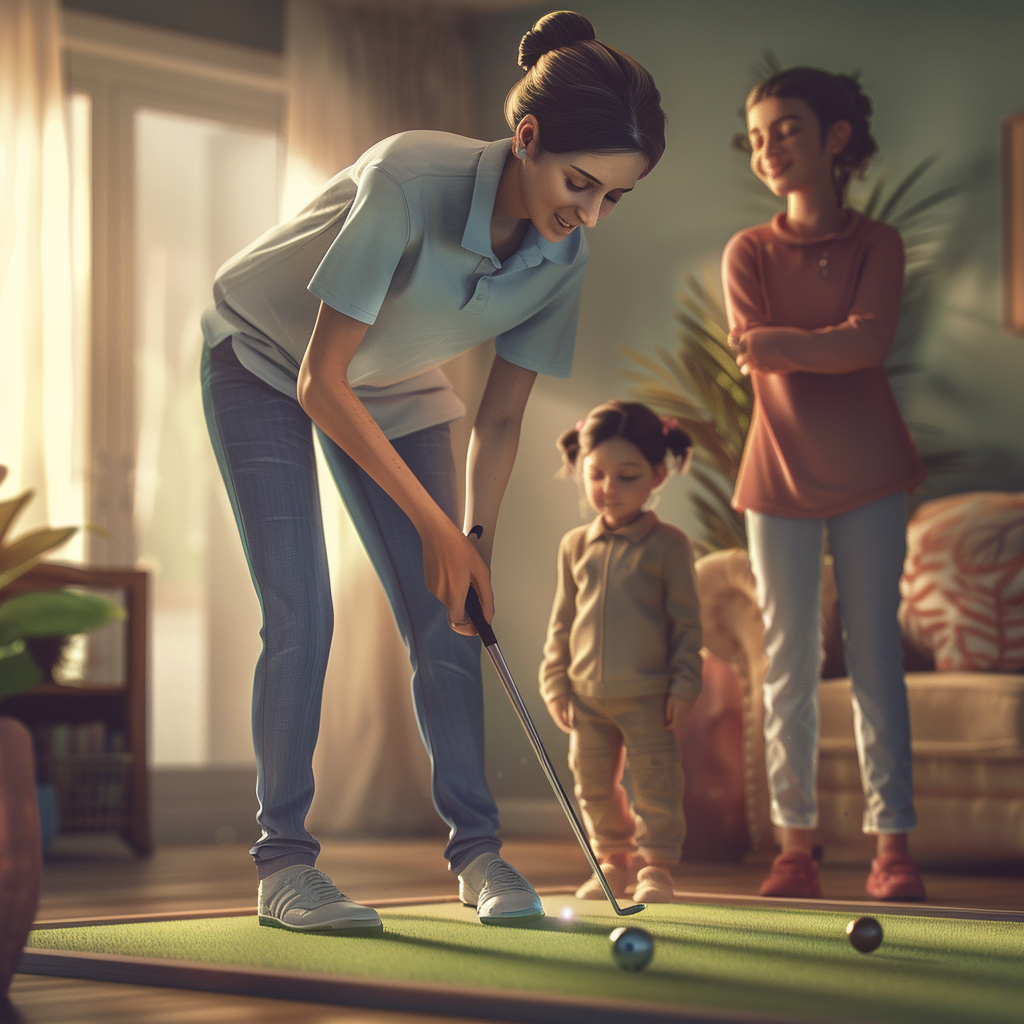 Hispanic mom golfing indoors with kids