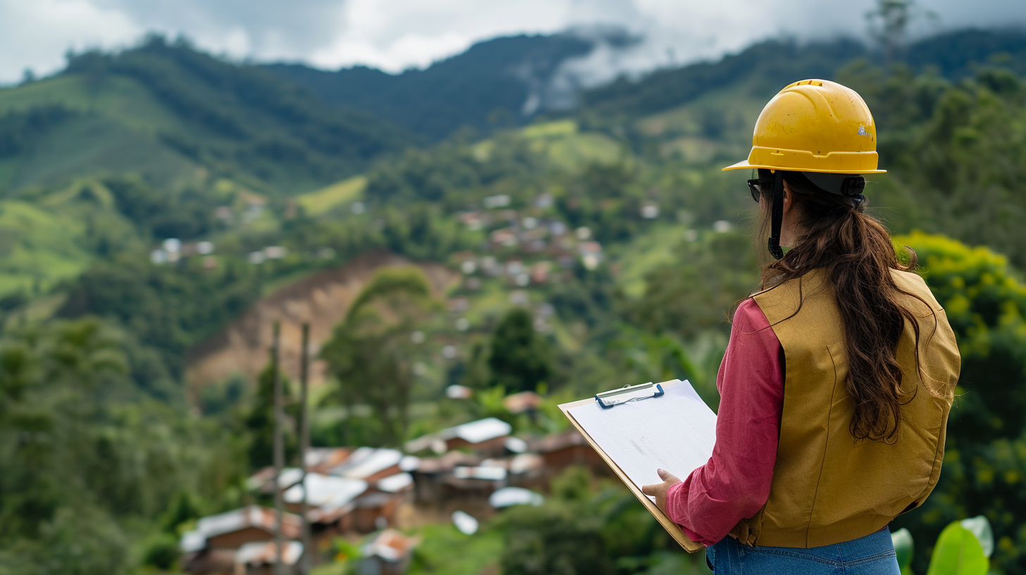 Hispanic person with hardhat holding clipboard for rebuilding project