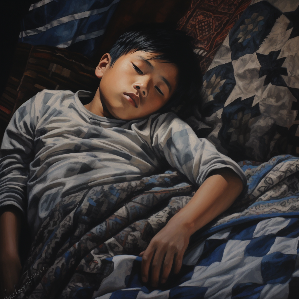 Hmong boy peacefully sleeping in his bed