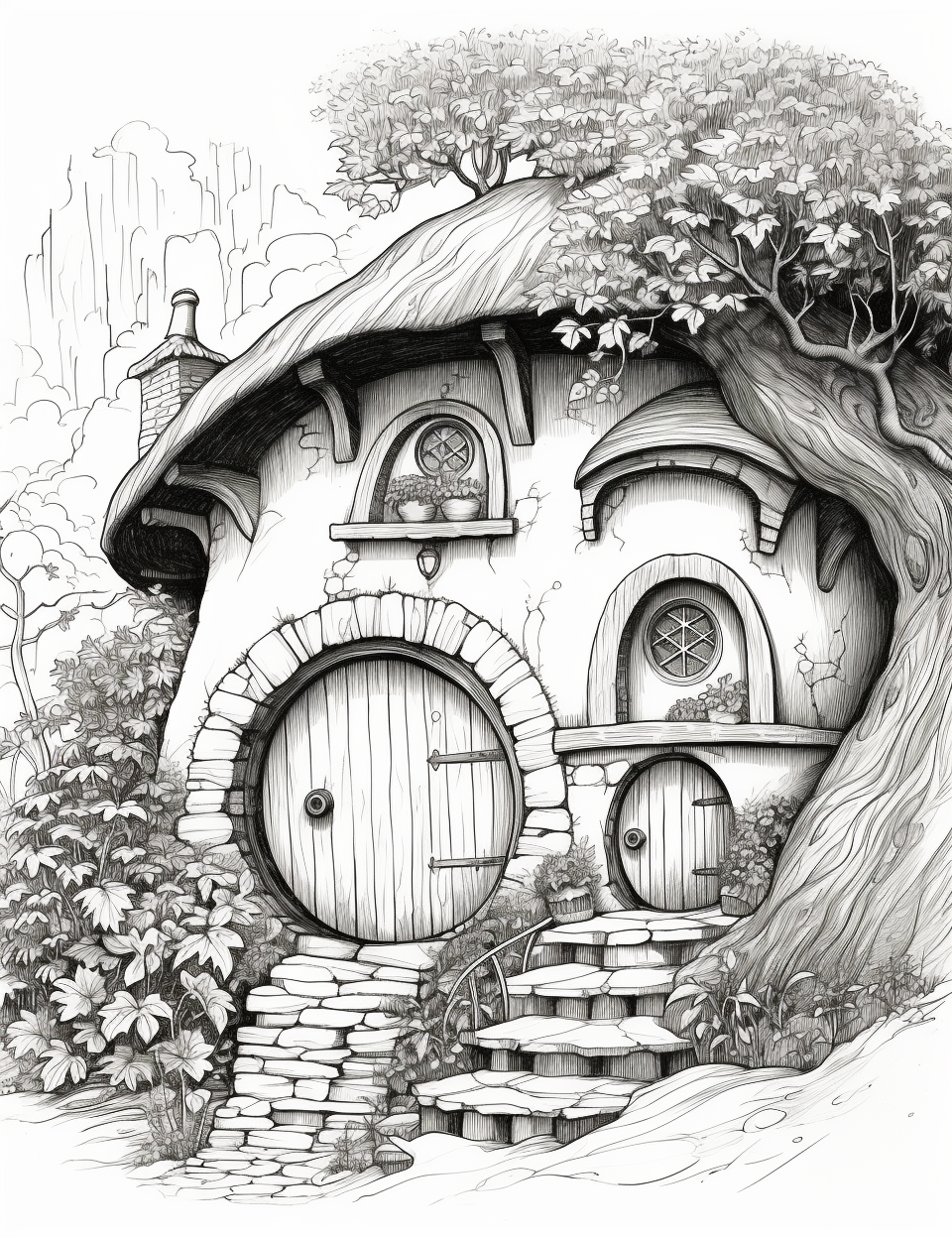 Black and white sketch of charming hobbit home