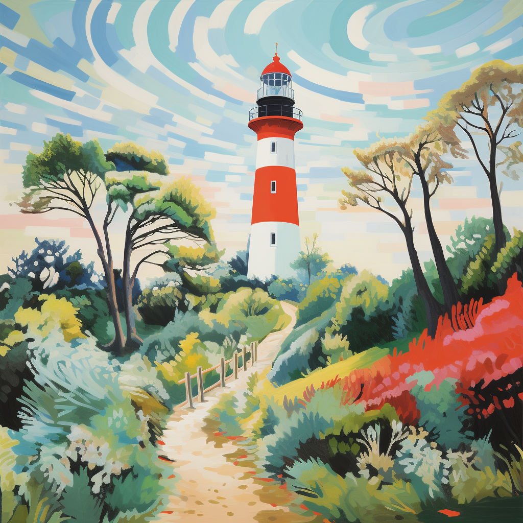 Lighthouse surrounded by trees with visible brushstrokes