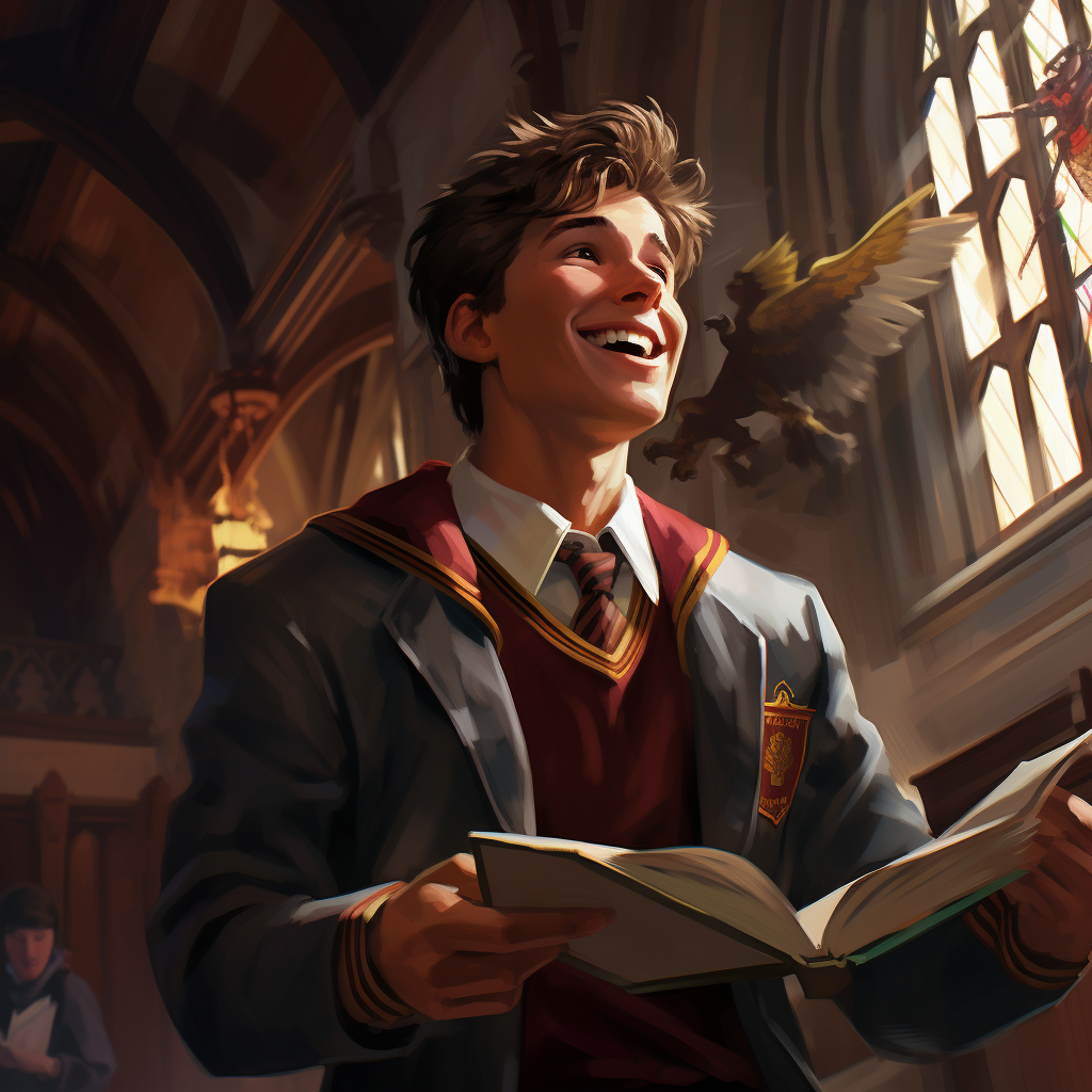 Smiling Gryffindor student in Hogwarts hallway