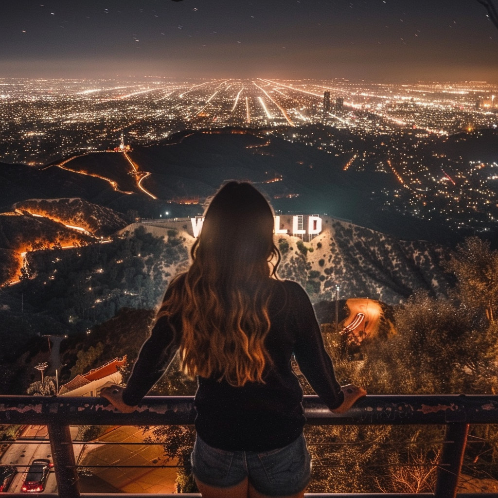 Hollywood sign at night lights