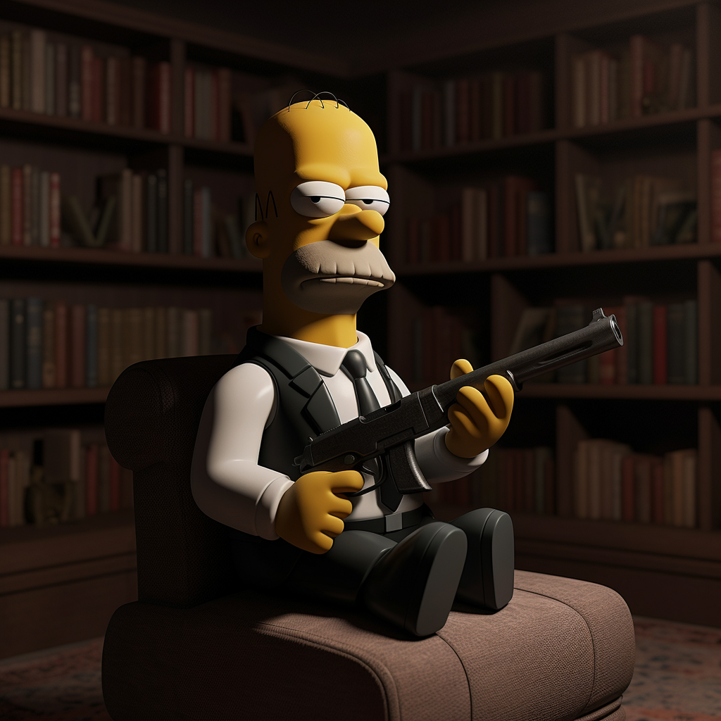 Homer Simpson in dark room holding gun