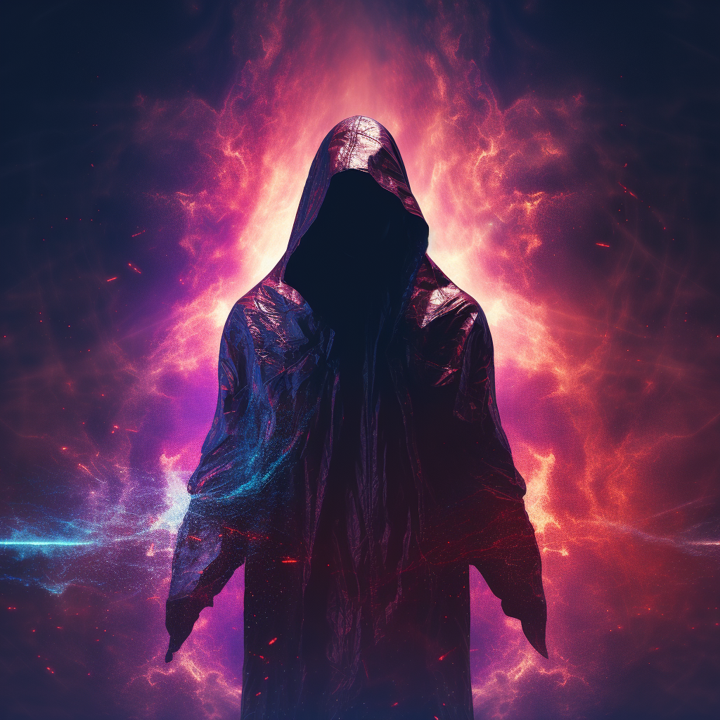 Hooded celestial being creating universe synthwave