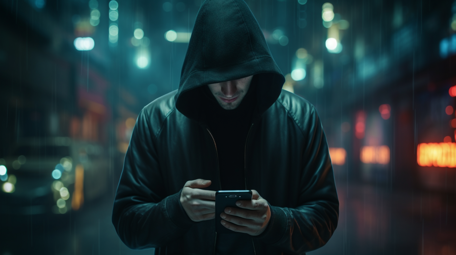 Hooded Hacker with Smartphone Controlling Money