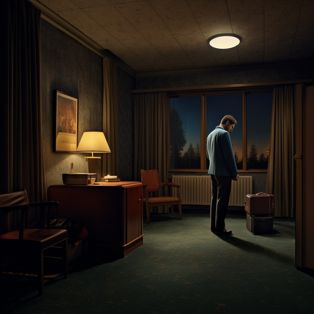 Man arriving at hotel room at midnight